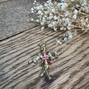Gold Circus Jester Brooch with Pink Rhinestones
